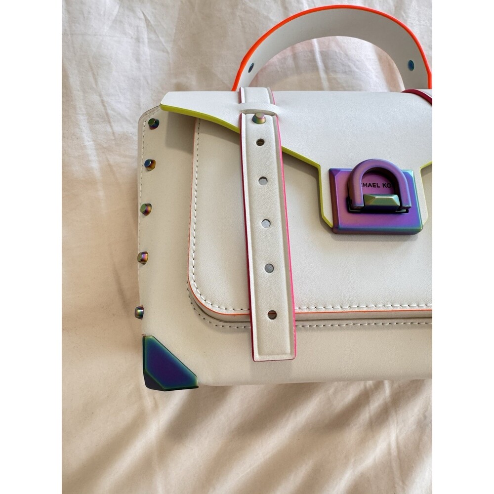 Michael Kors Manhattan Satchel Optic White Rainbow Stud Leather Bag - Picture 11 of 16